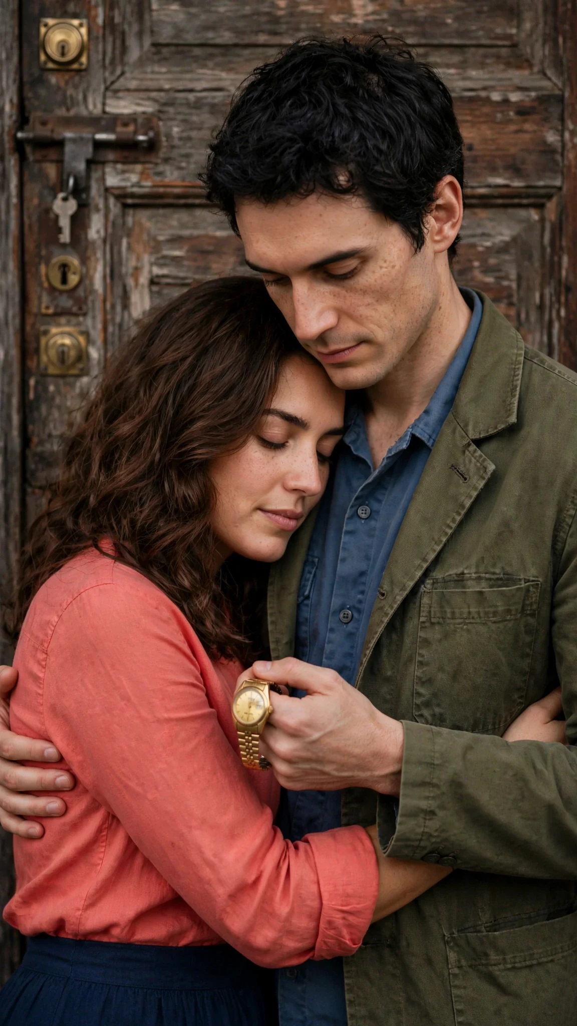 The woman rests her forehead against the man's chest by the locked kitchen door.