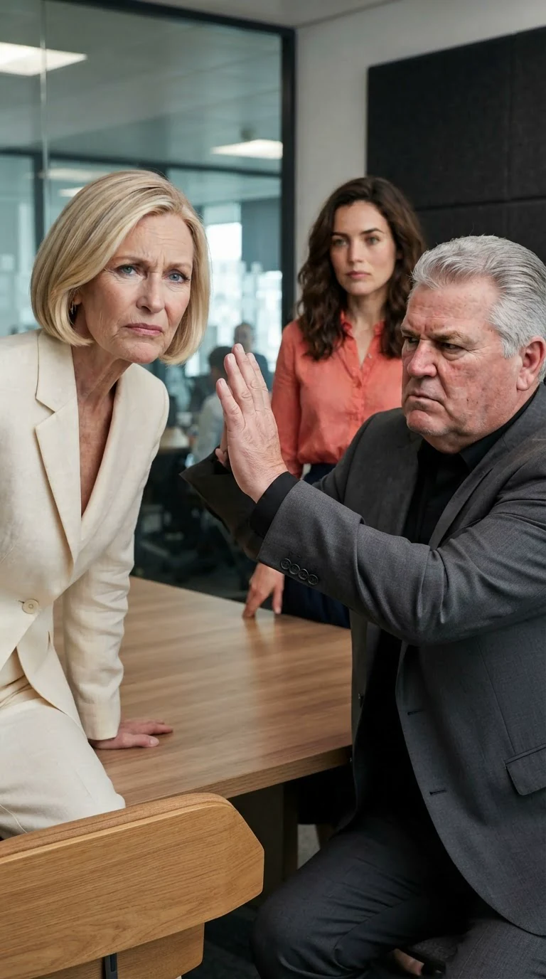 Veronica leans forward with a sour face while Alfred waves her down.