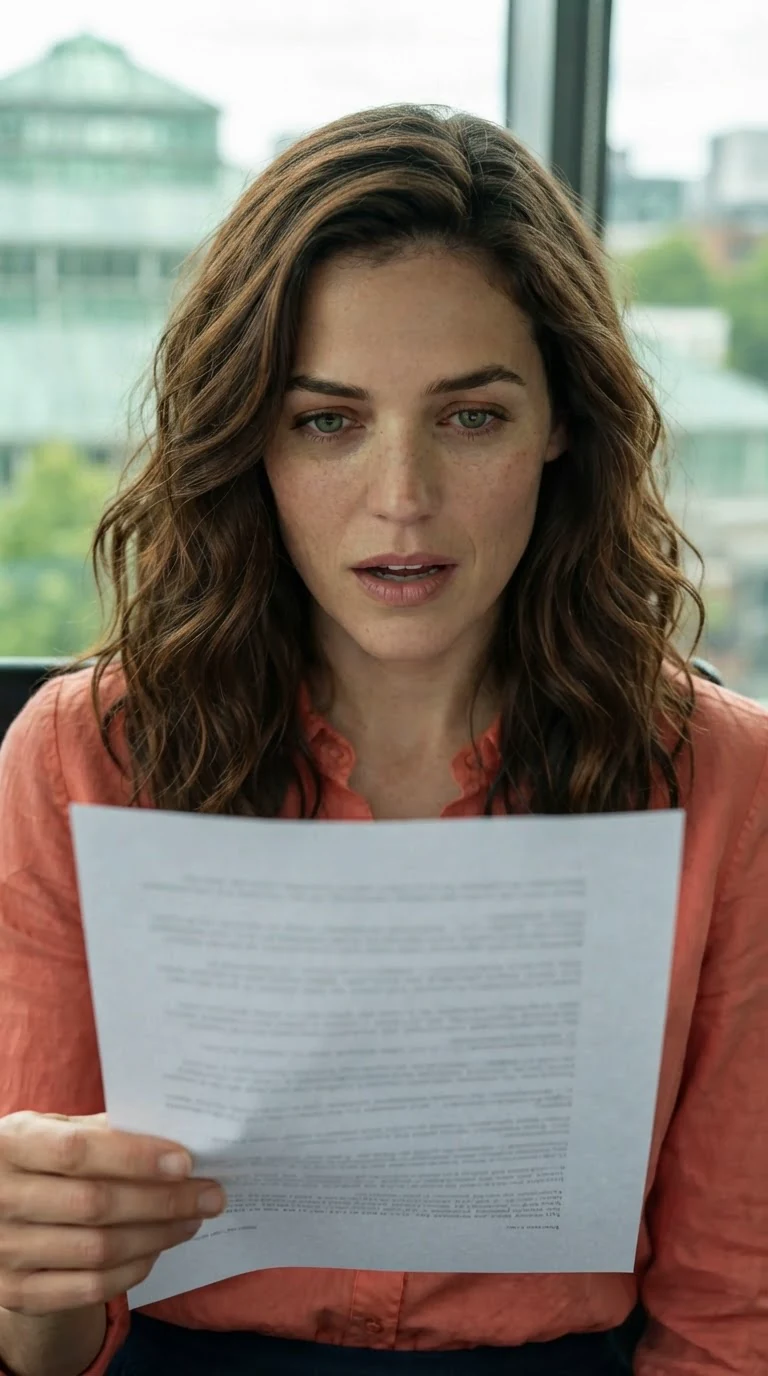 Marielle holds a page and stares at the single line at the bottom.