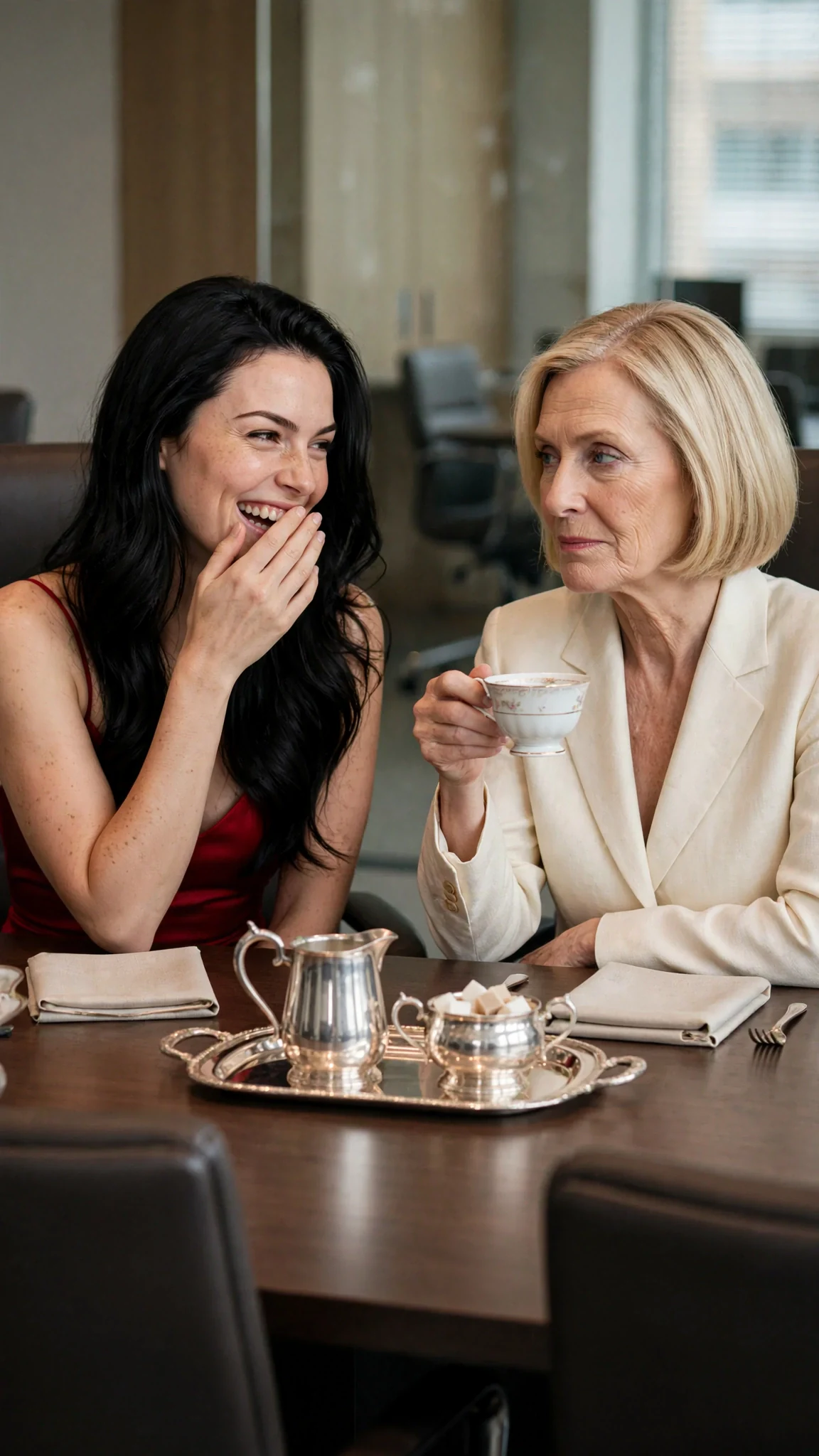 Priscilla laughs into her hand while Veronica sips her tea without pity.