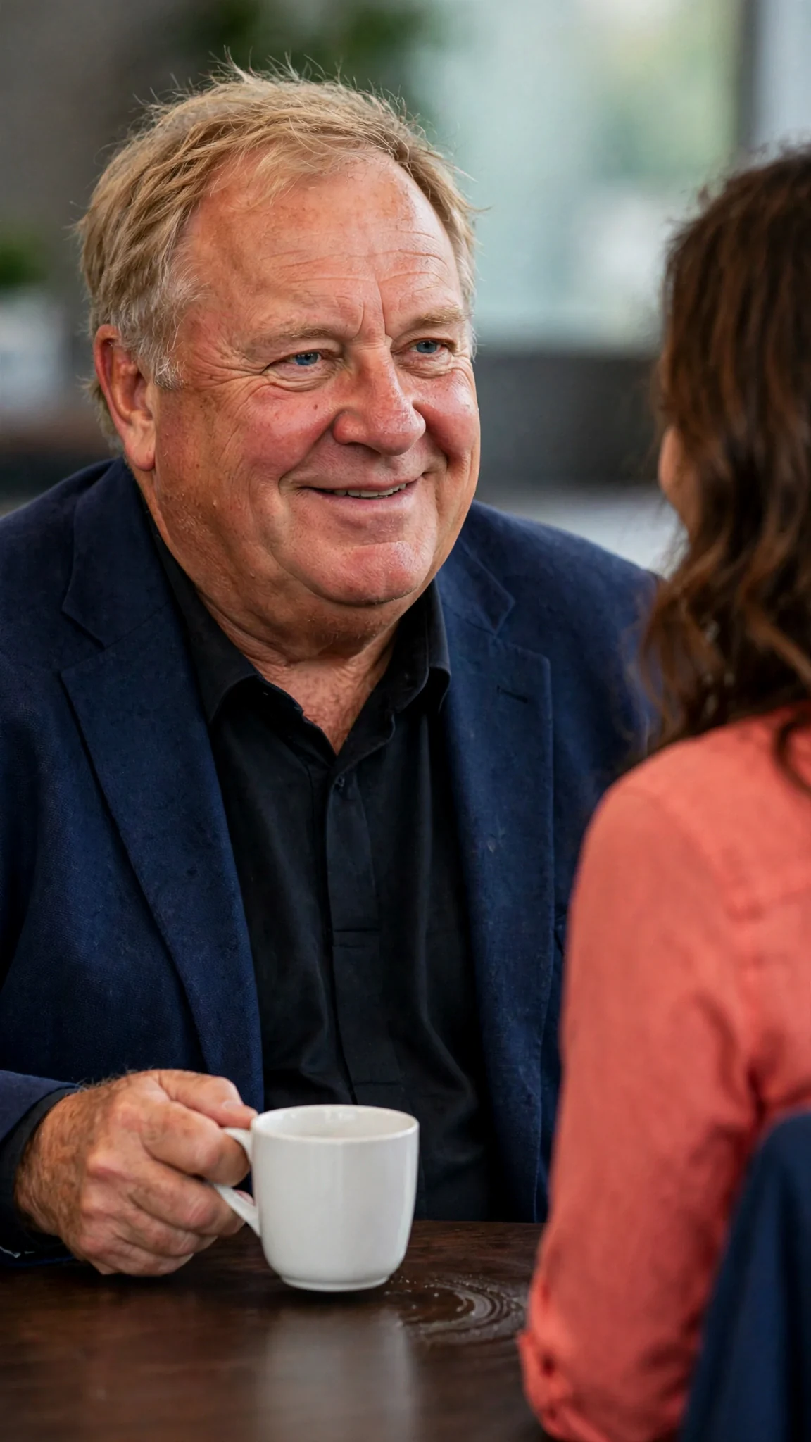 Lionel lowers his cup and smiles wetly at Marielle across the table.