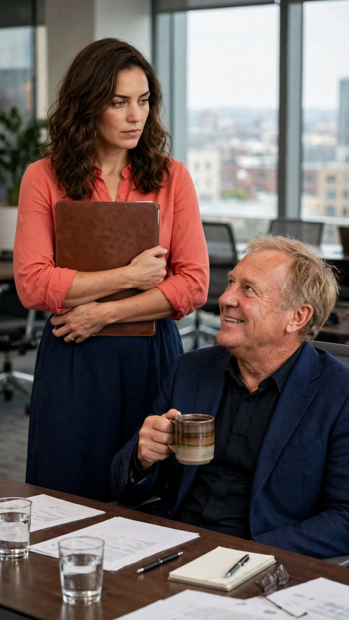 Marielle faces Lionel with her folder clutched tight, refusing him.