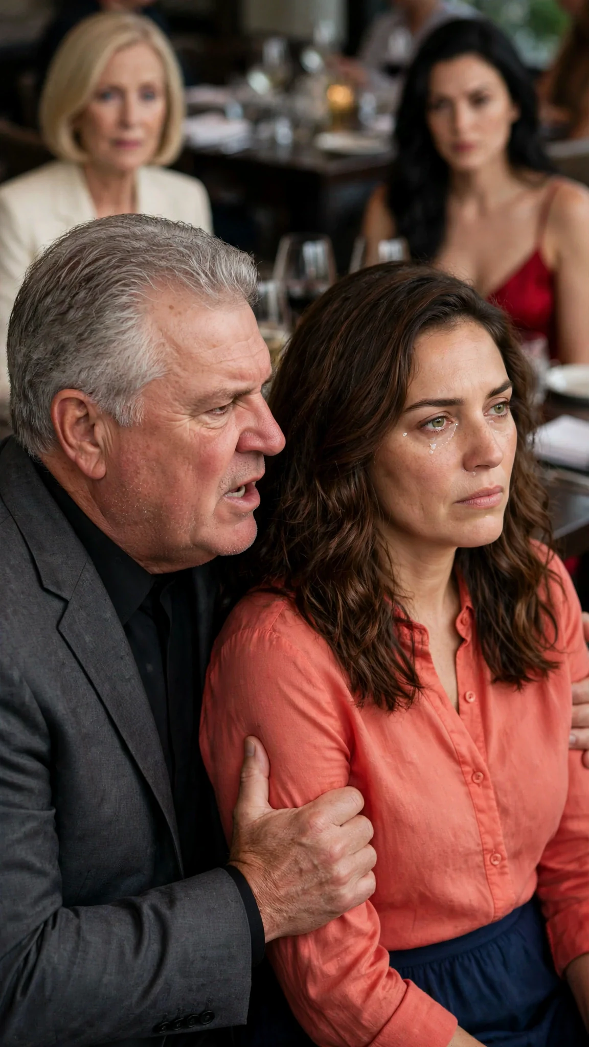 Alfred speaks close to Marielle's ear while she stands still under his hand.