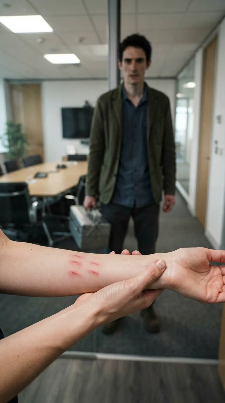 Marielle's arm shows four red finger marks; Benedict watches from the door.