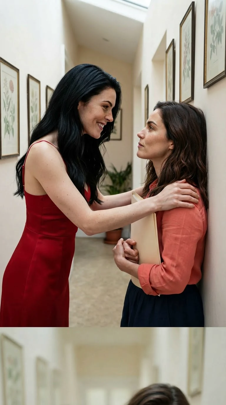Priscilla blocks Marielle in the hall with a hand flat on her shoulder.