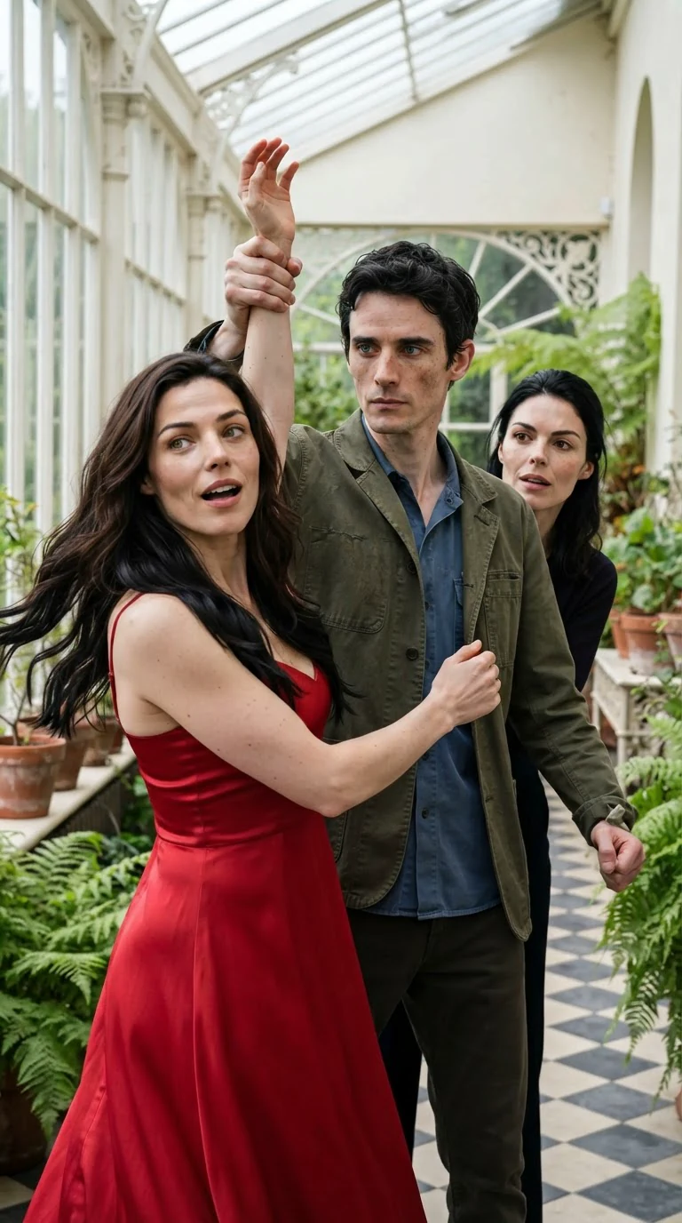 Benedict lifts Priscilla's hand away and stands between the two women.