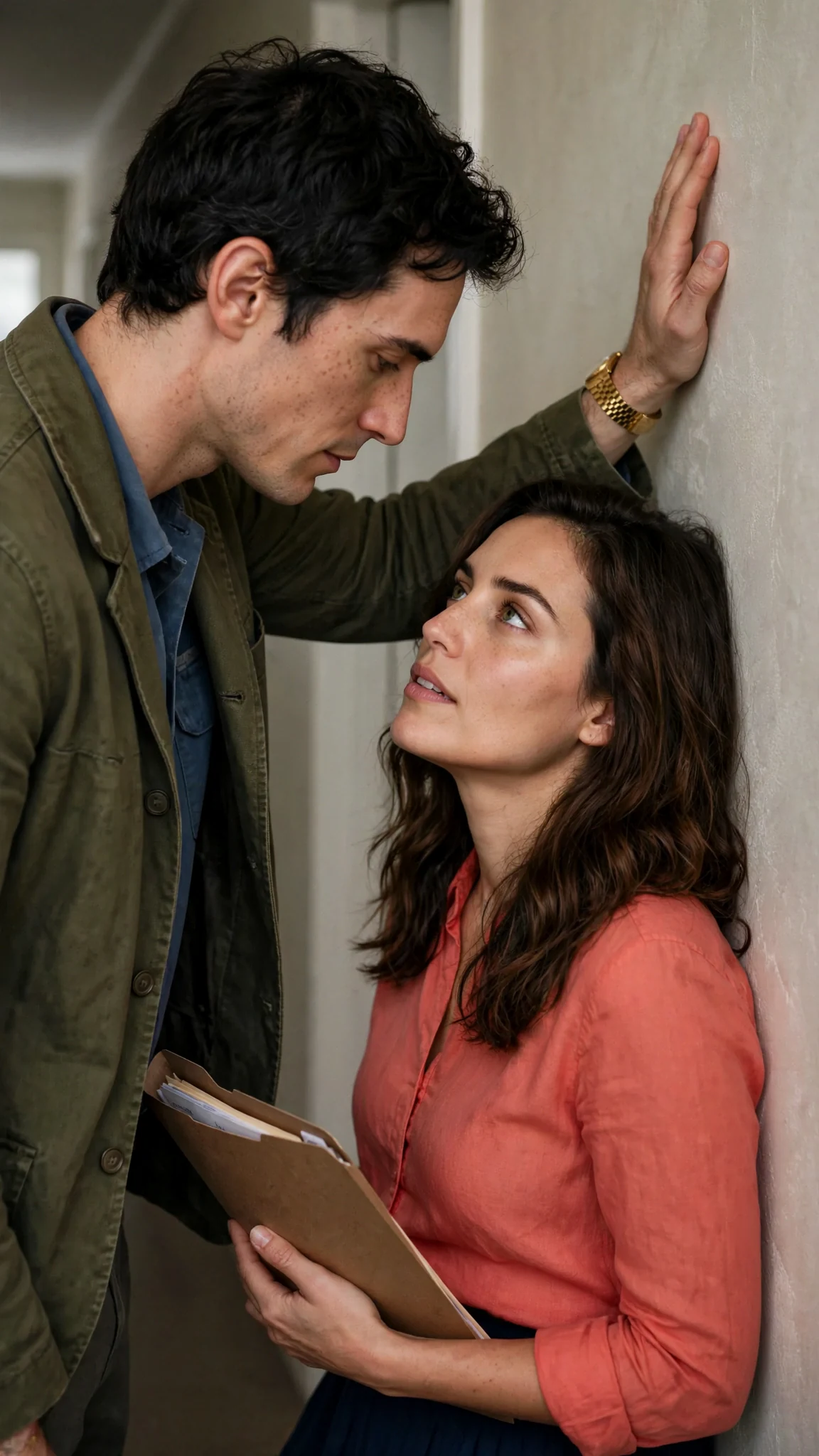Benedict leans in with one hand on the wall beside Marielle's head.