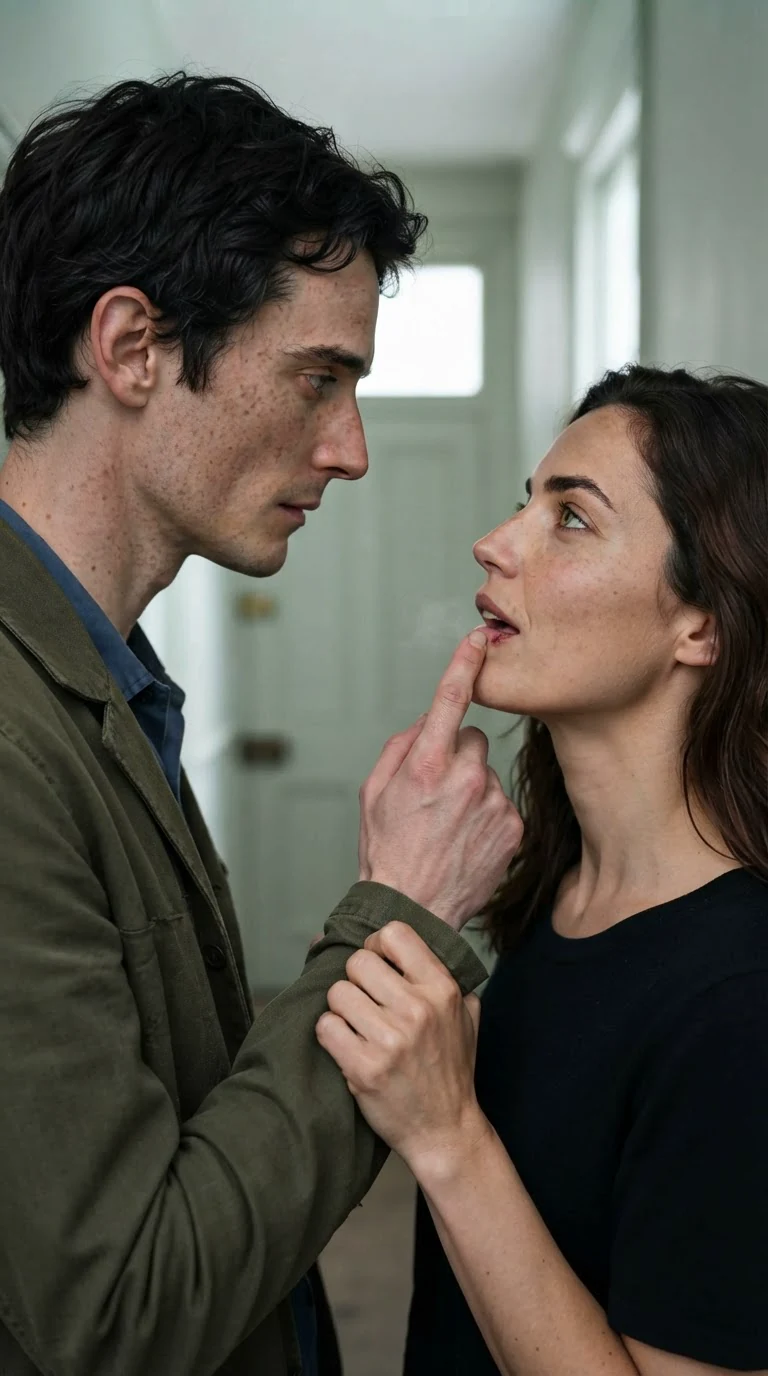 Benedict tilts Marielle's chin up with one finger, both faces close.