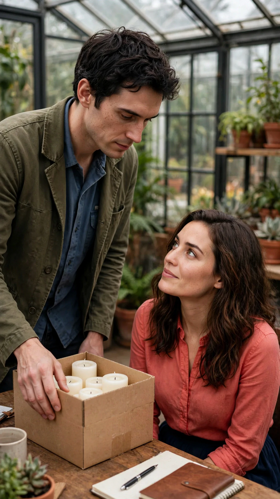Benedict sets a box of candles on the corner of her desk.