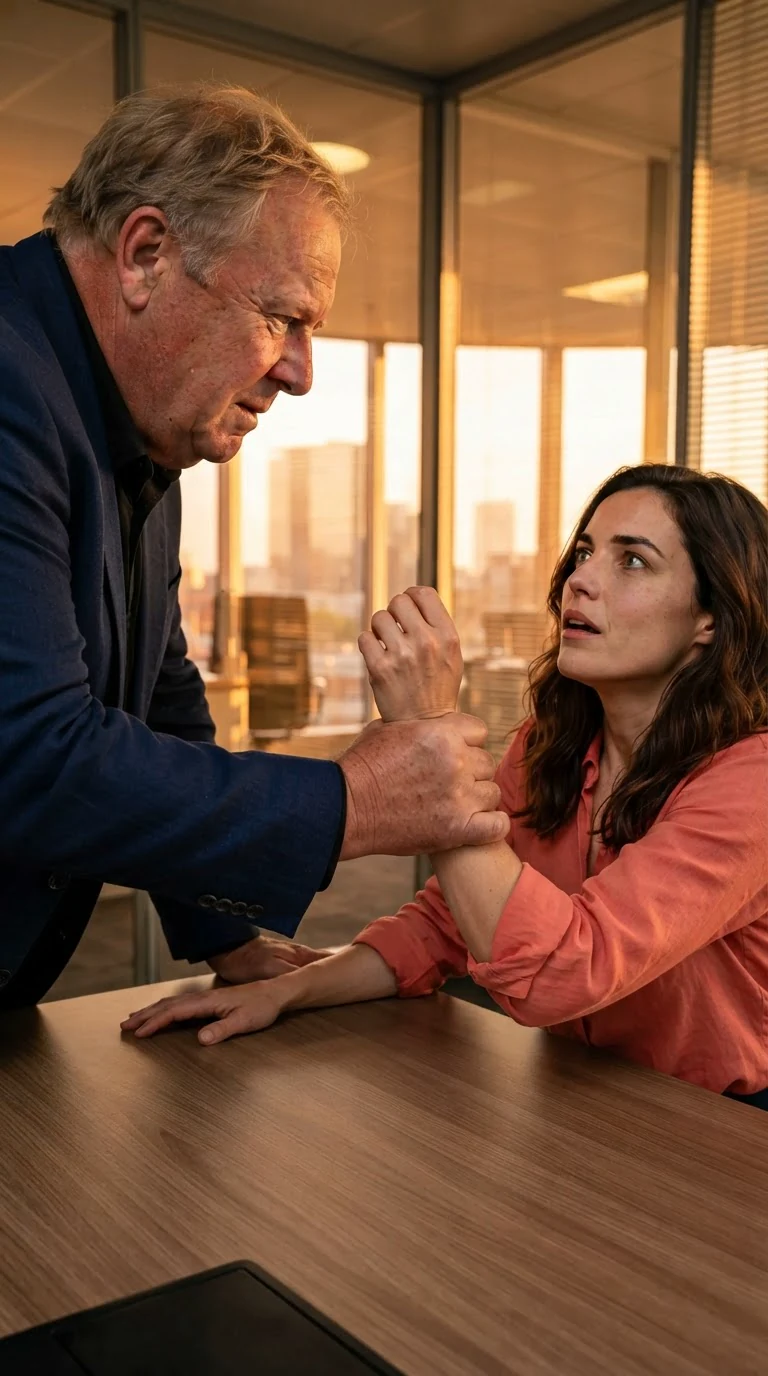 Lionel's hand clamps around Marielle's wrist across the desk.
