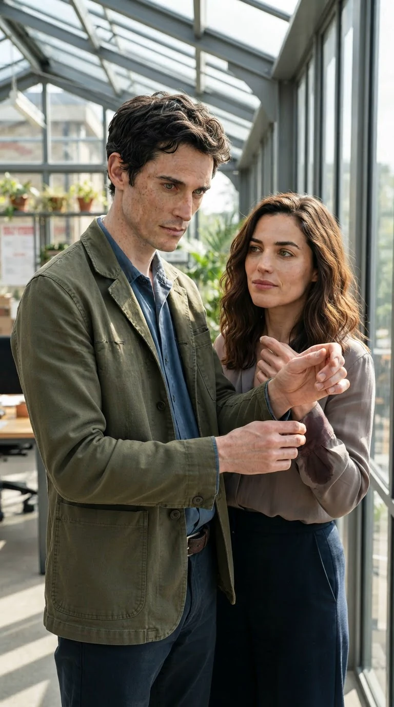 Benedict turns her forearm to the light to check the cut.