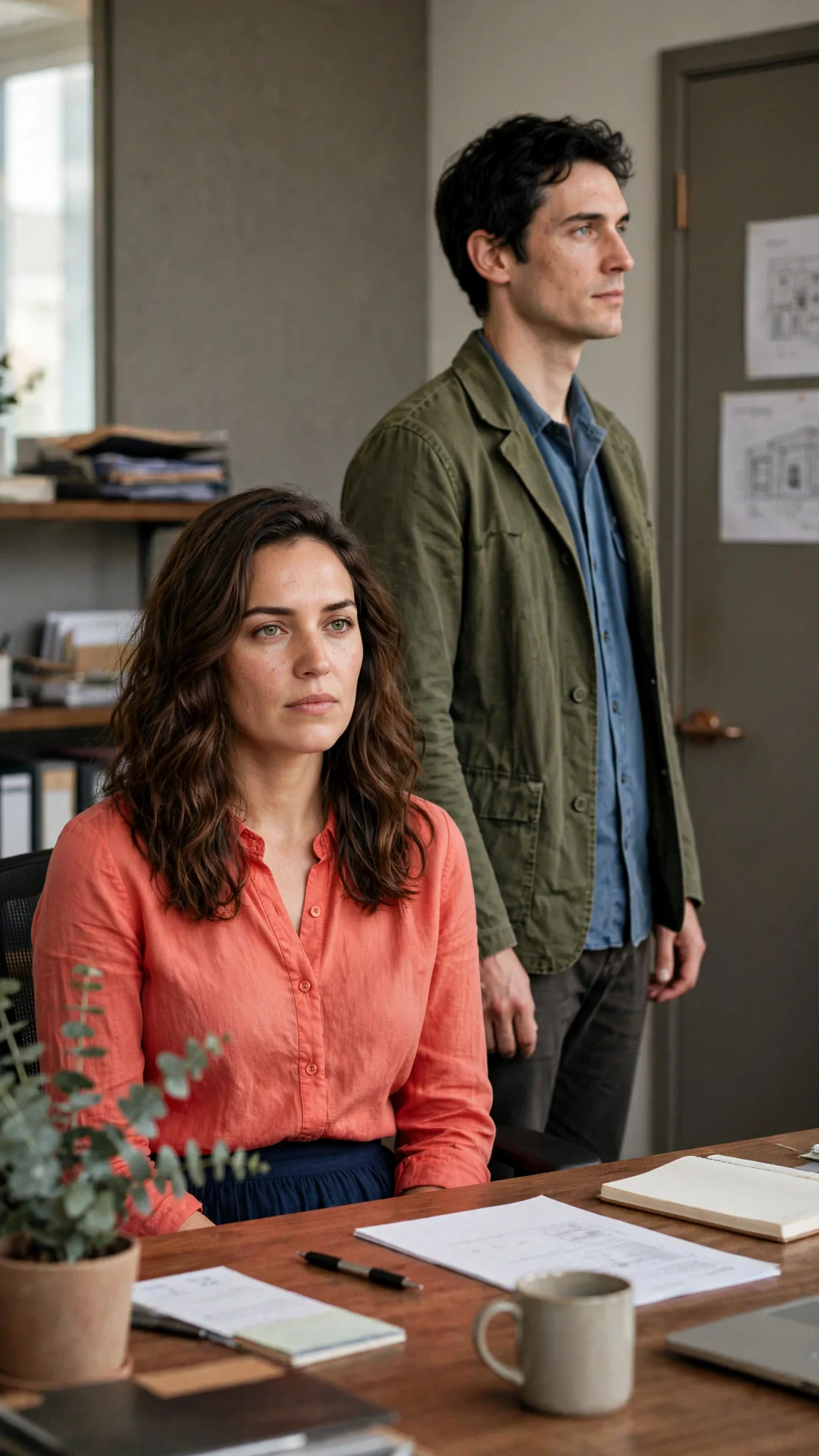 Marielle hides her hands under the desk while Benedict looks at the closed door.