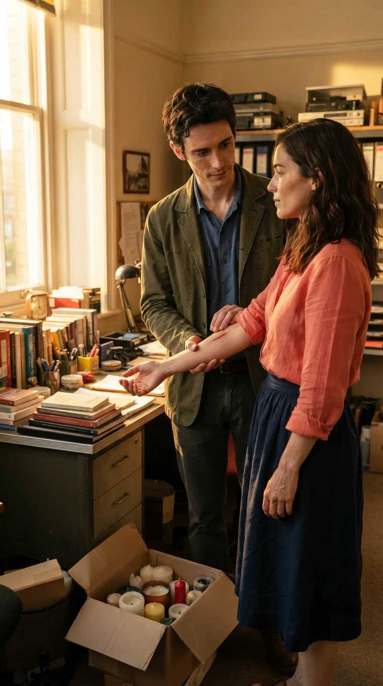 Benedict closes the office door and takes Marielle's cut arm.