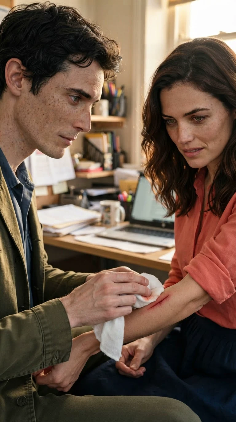 Benedict presses a clean cloth to the cut on Marielle's arm.