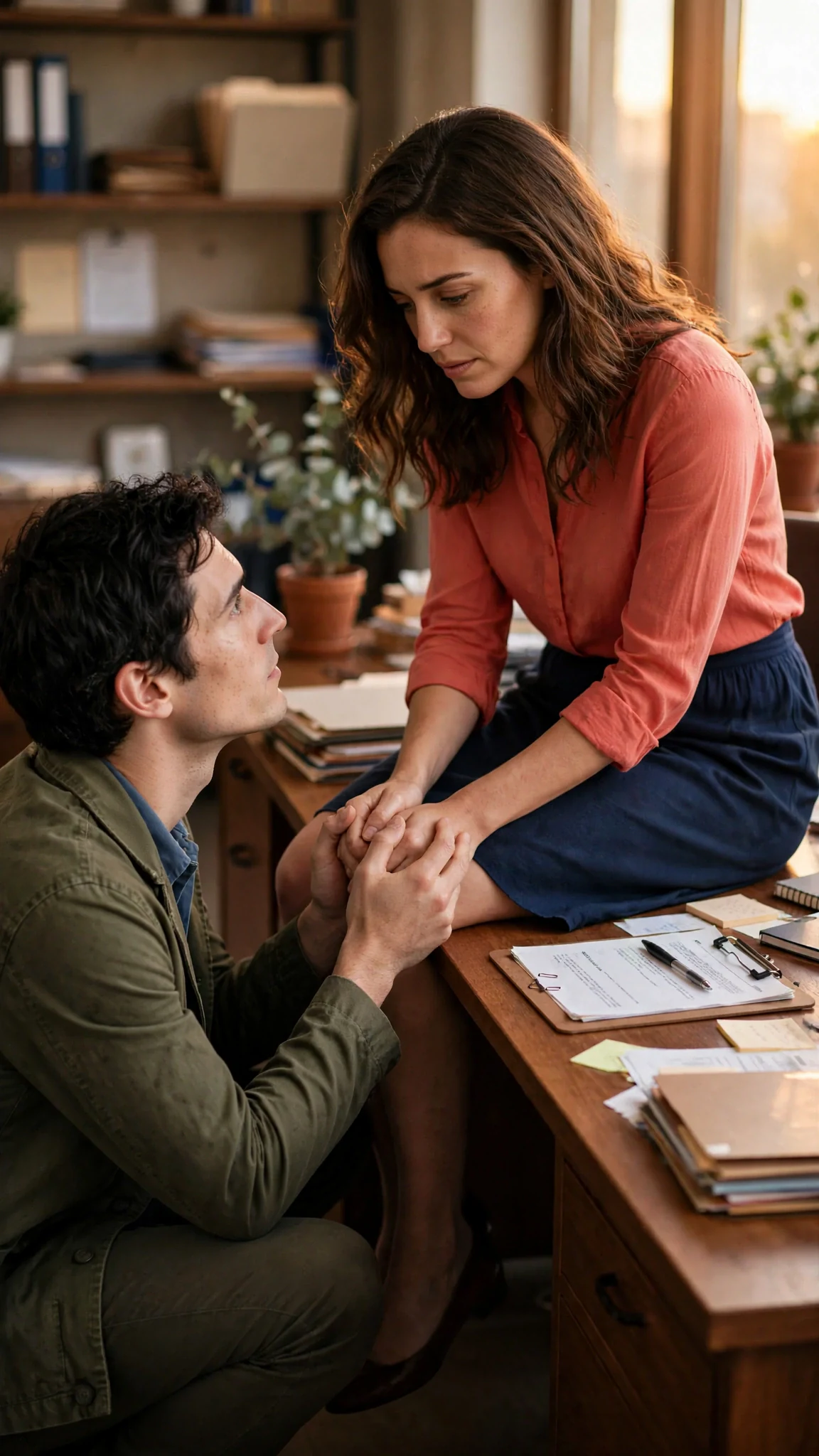 Benedict crouches in front of Marielle and holds her hands.