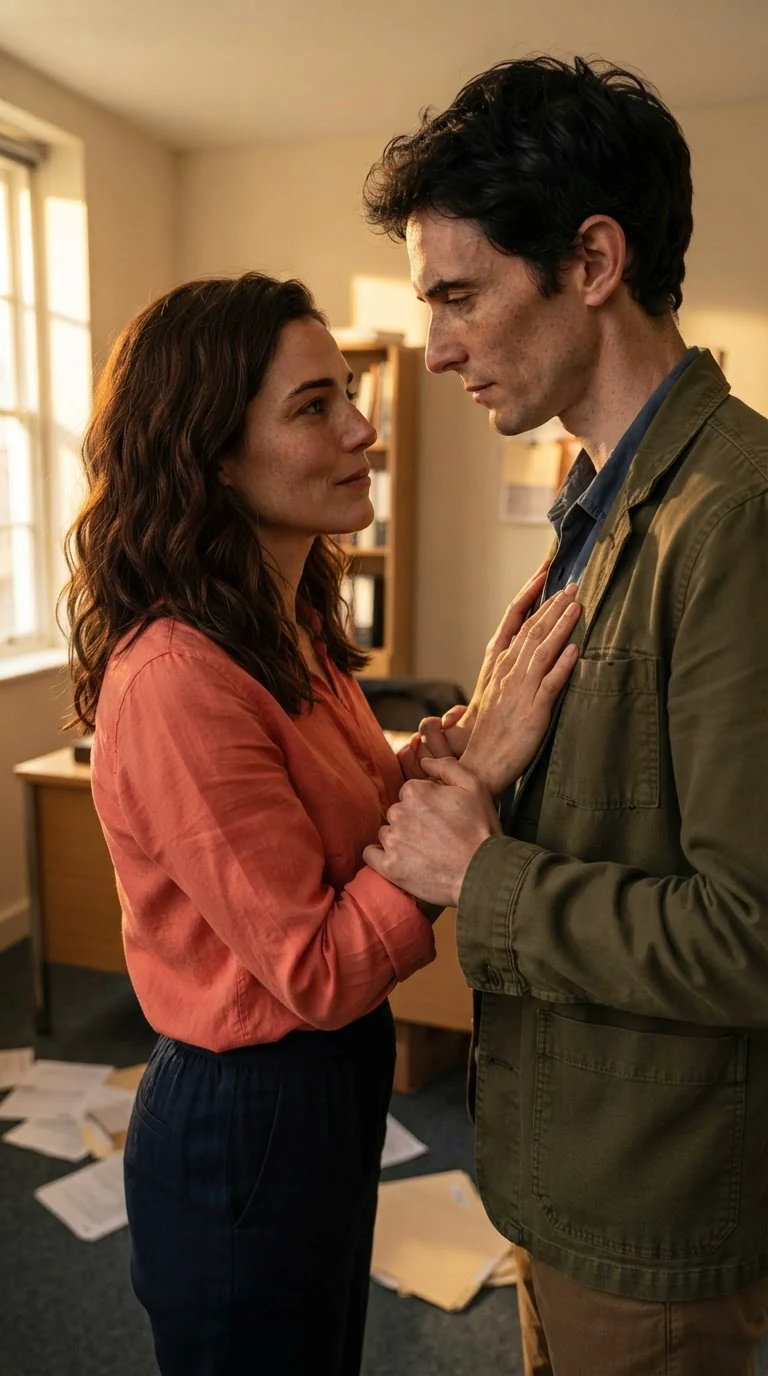 Marielle presses her shaking hands against Benedict's chest.