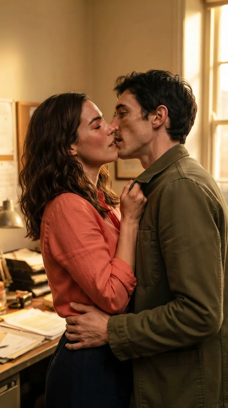 Marielle kisses Benedict hard in the office.