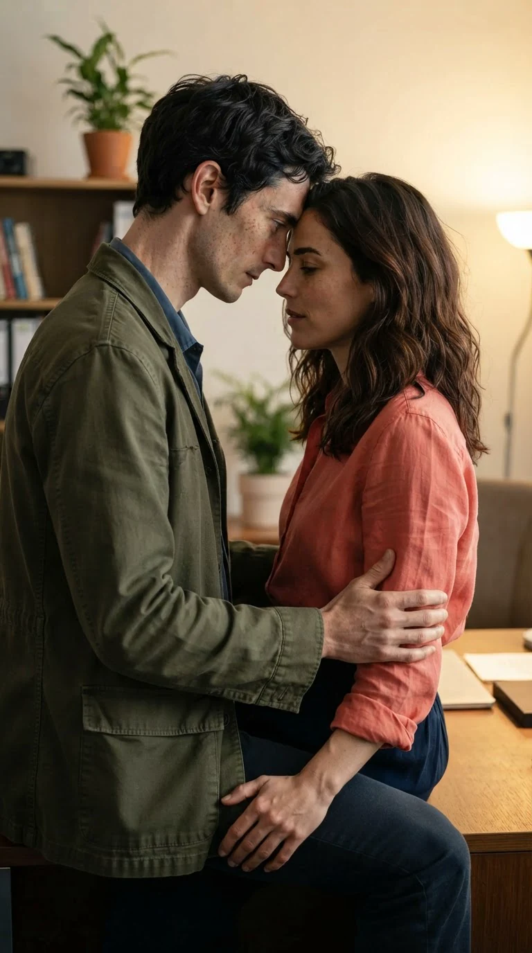 Benedict stops with his forehead against Marielle's.