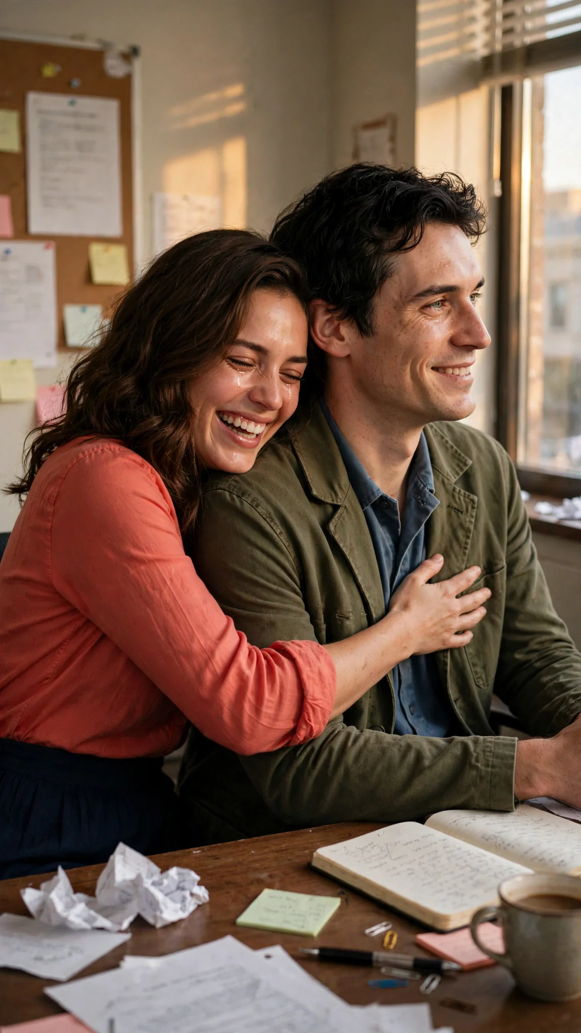 Marielle laughs against Benedict's shoulder.