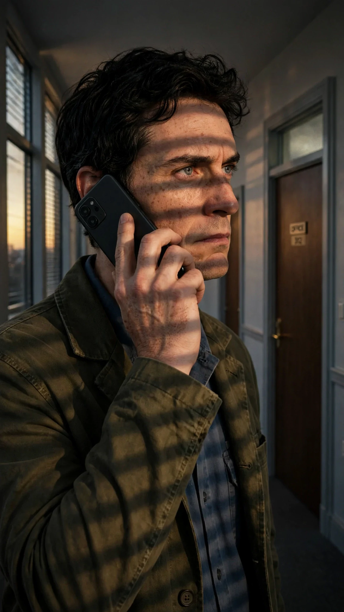 Benedict listens on the phone, jaw tight, looking back at the office door.