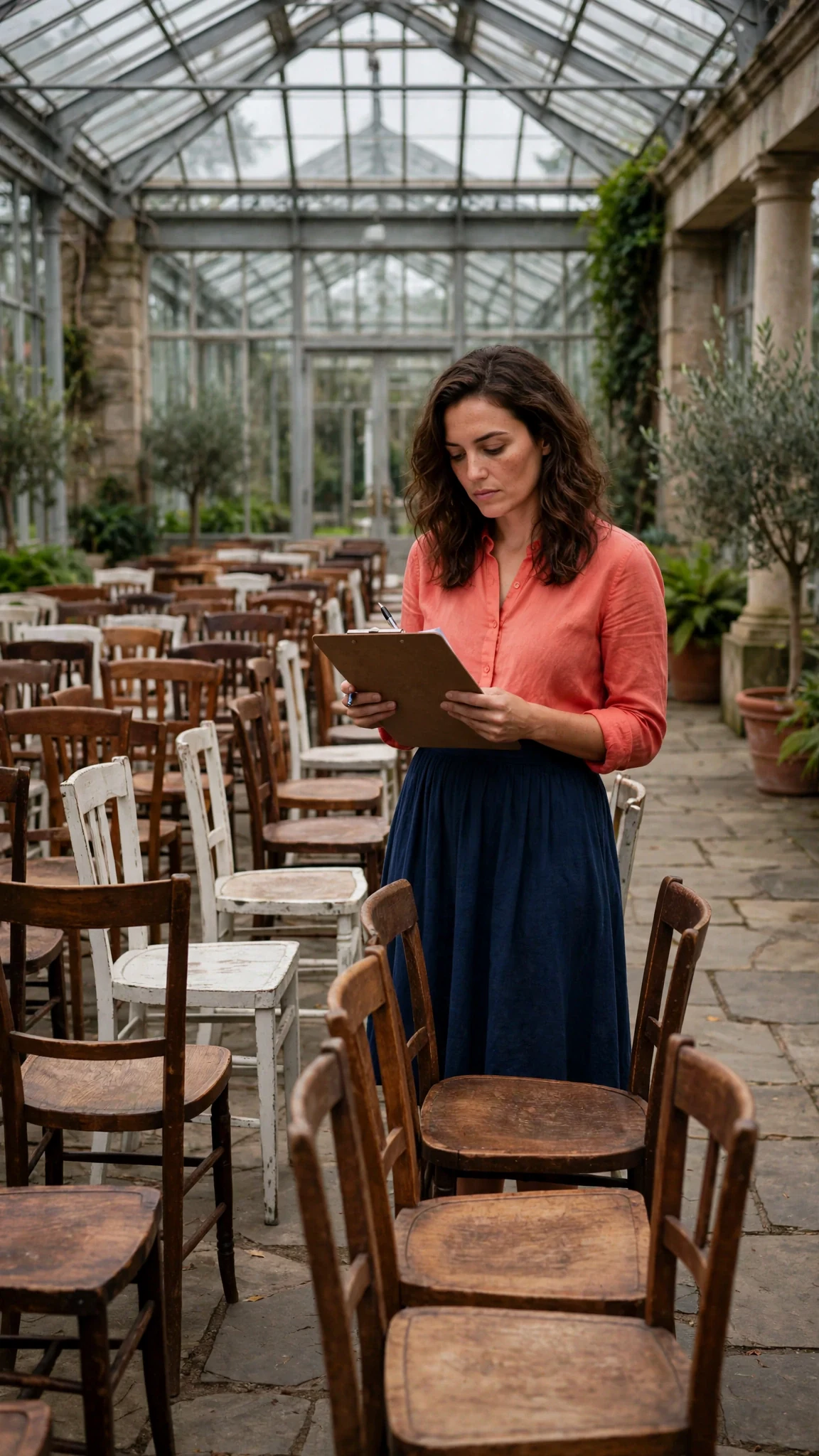Marielle stands alone in the empty auction hall counting mismatched chairs with a clipboard.