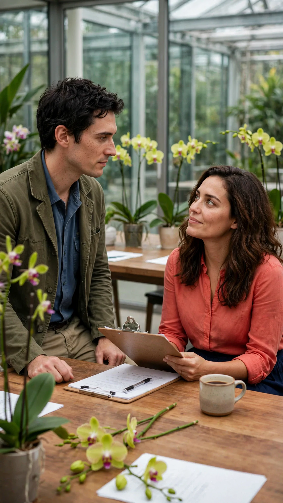 Benedict and Marielle talk quietly across the table, a small tired smile on her face.