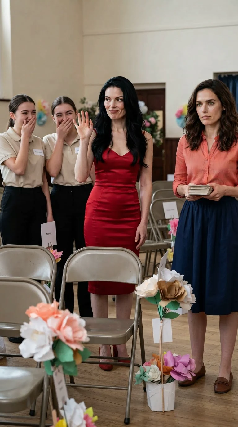 A tall woman in a red dress mocks the hall while two staff women laugh behind her.