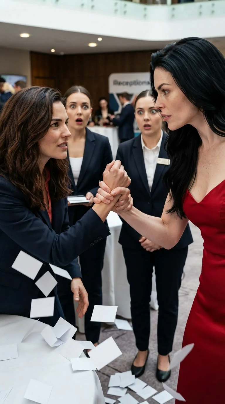 A woman in red grips another woman's wrist hard while name cards spill off a table.