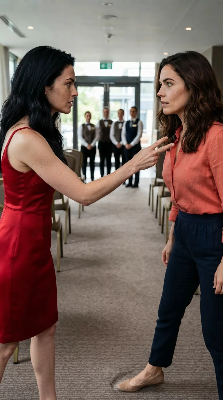 A woman in red shoves another woman's shoulder with two fingers in an empty hall.