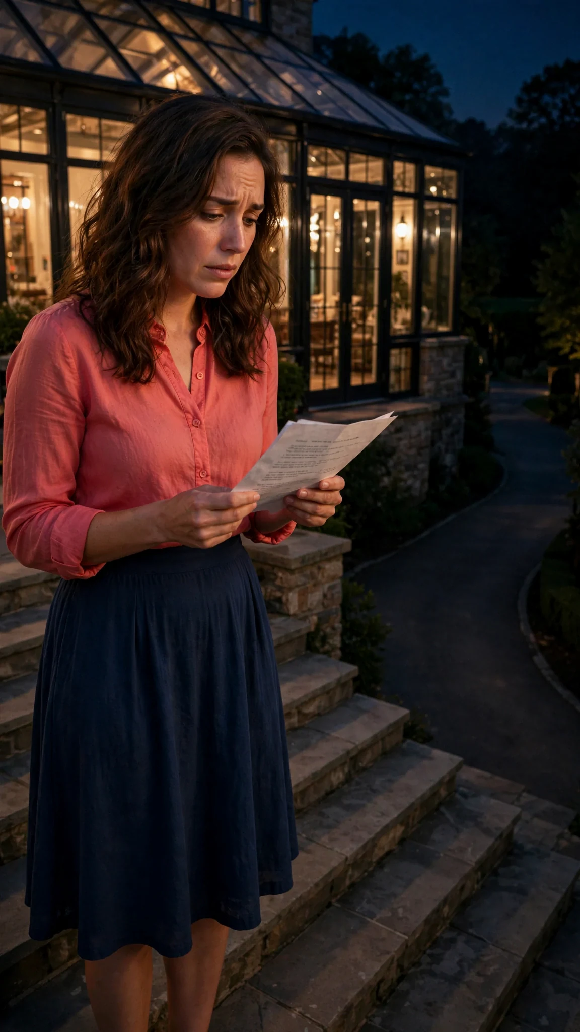 A woman in a coral blouse stands at the top of stone steps holding a shaking paper list.