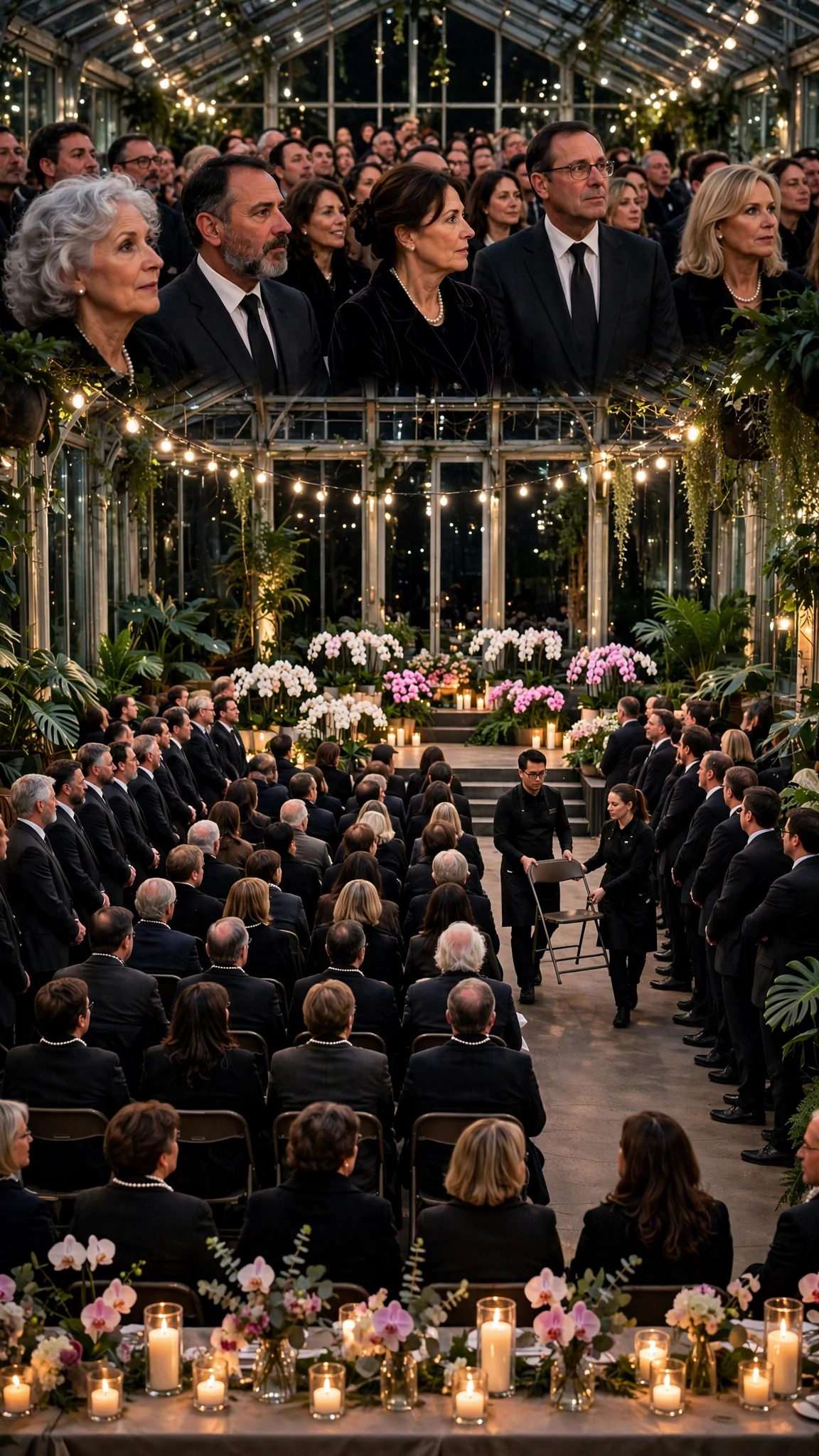 A packed glass hall full of donors in dark coats while staff add extra chairs at the back.