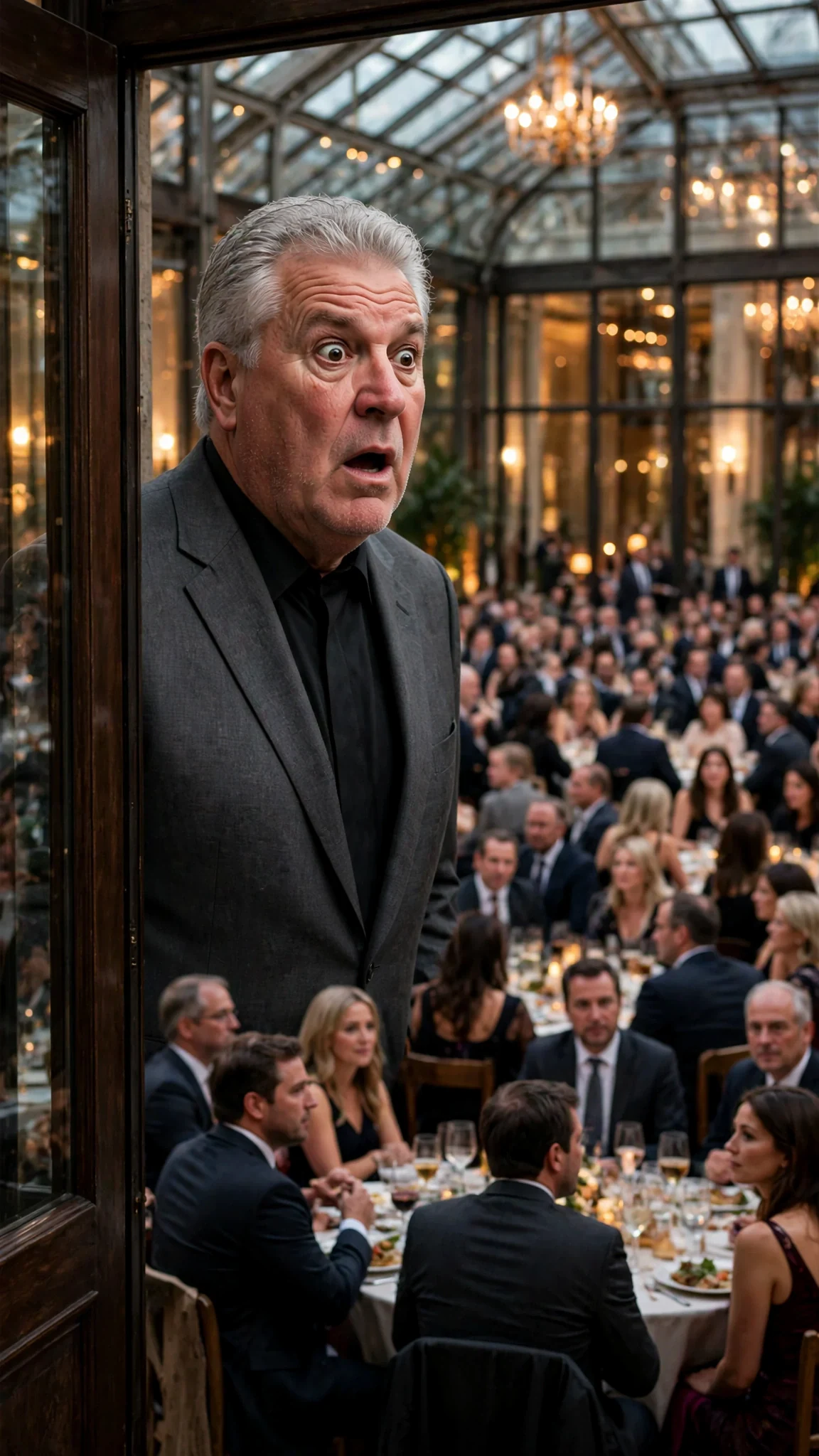 A broad older man in a charcoal suit stops in a doorway, staring at full rows of guests.
