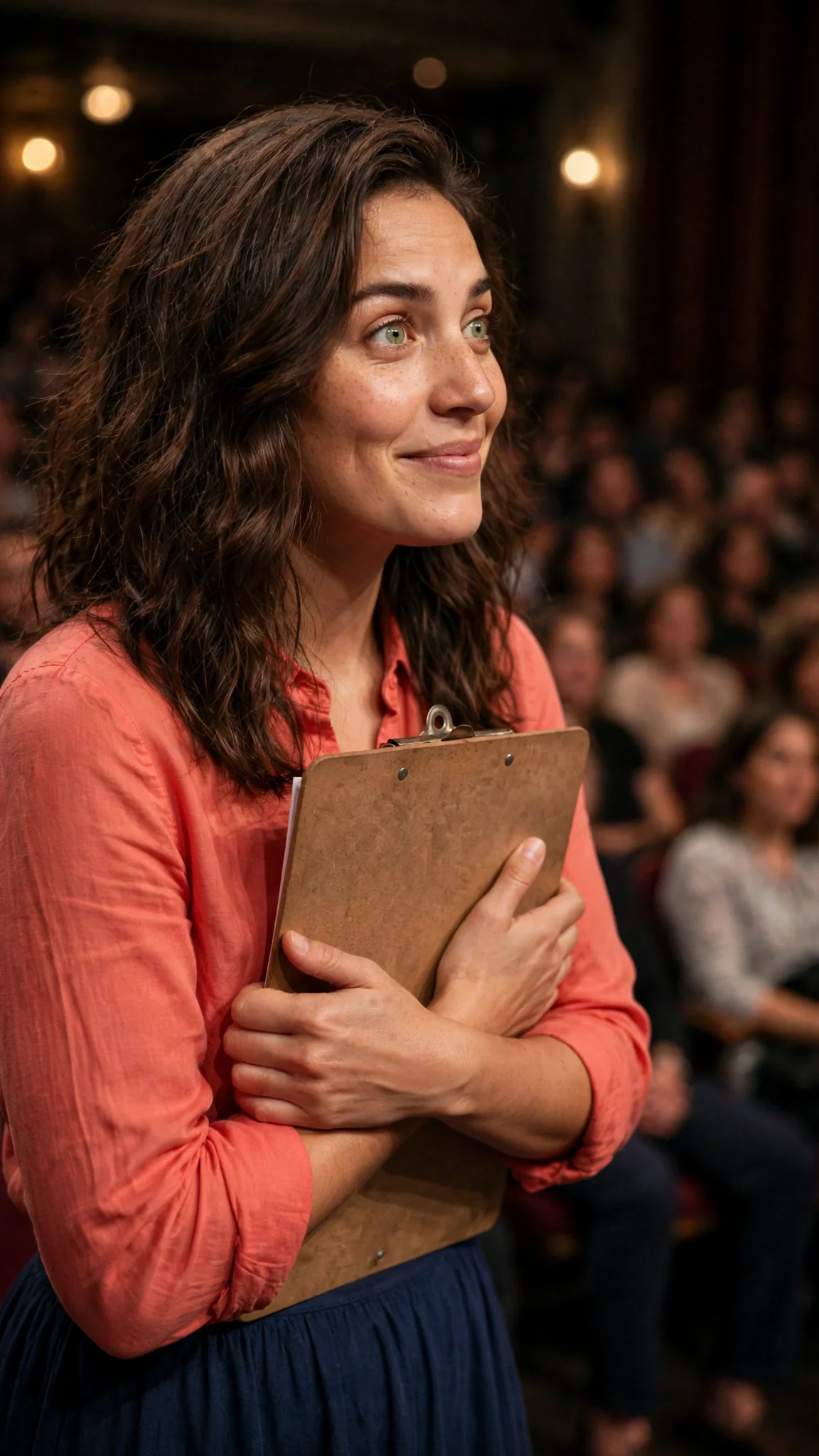A woman presses a clipboard to her chest at the side of a stage, eyes wide with dizzy relief.