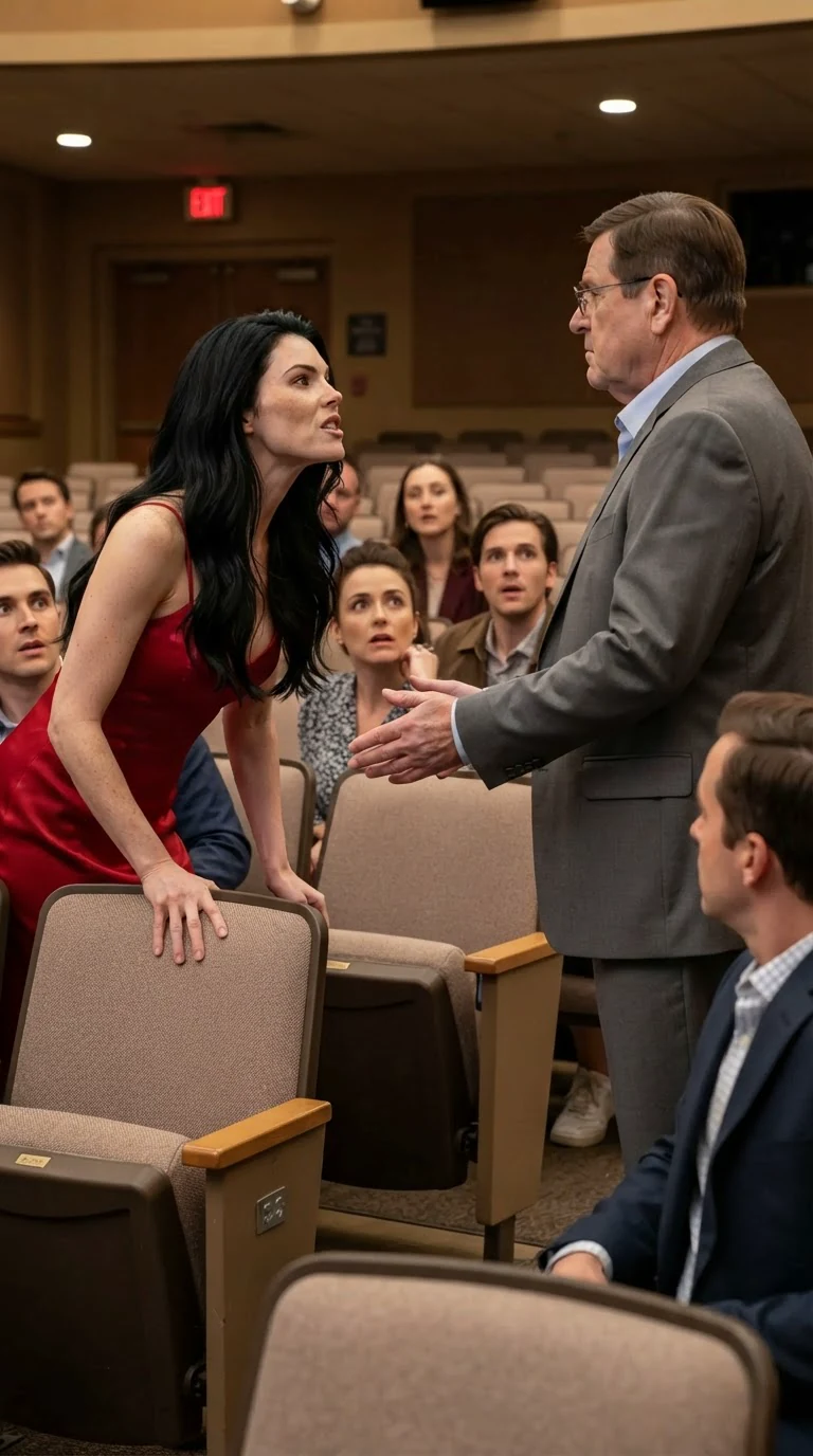 A woman in red puts her hand on a front row chair and an older man in gray blocks her.