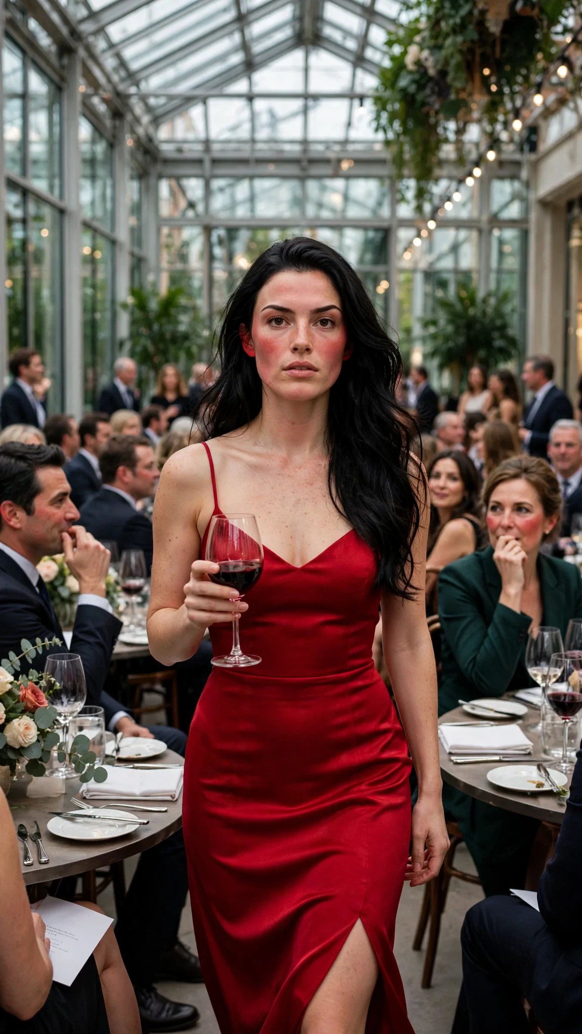A woman in a red dress walks alone up a side aisle while seated guests turn their heads to watch.
