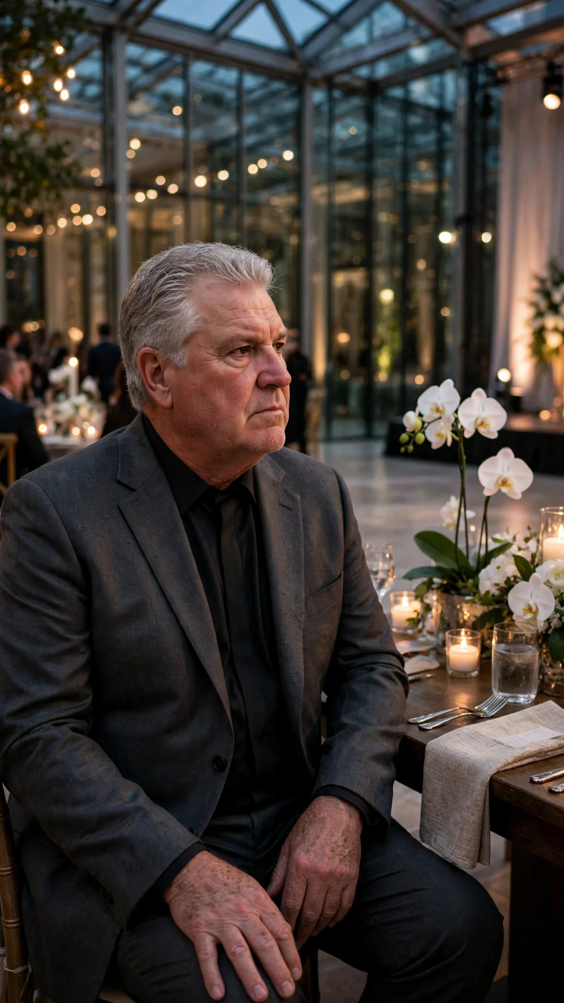 A silver-haired man in a charcoal suit sits in the front row with his hands flat on his knees, silent.