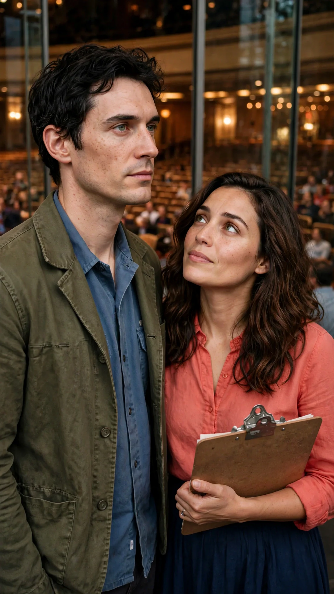A man in an olive jacket stands quietly beside his wife at the side of the stage.