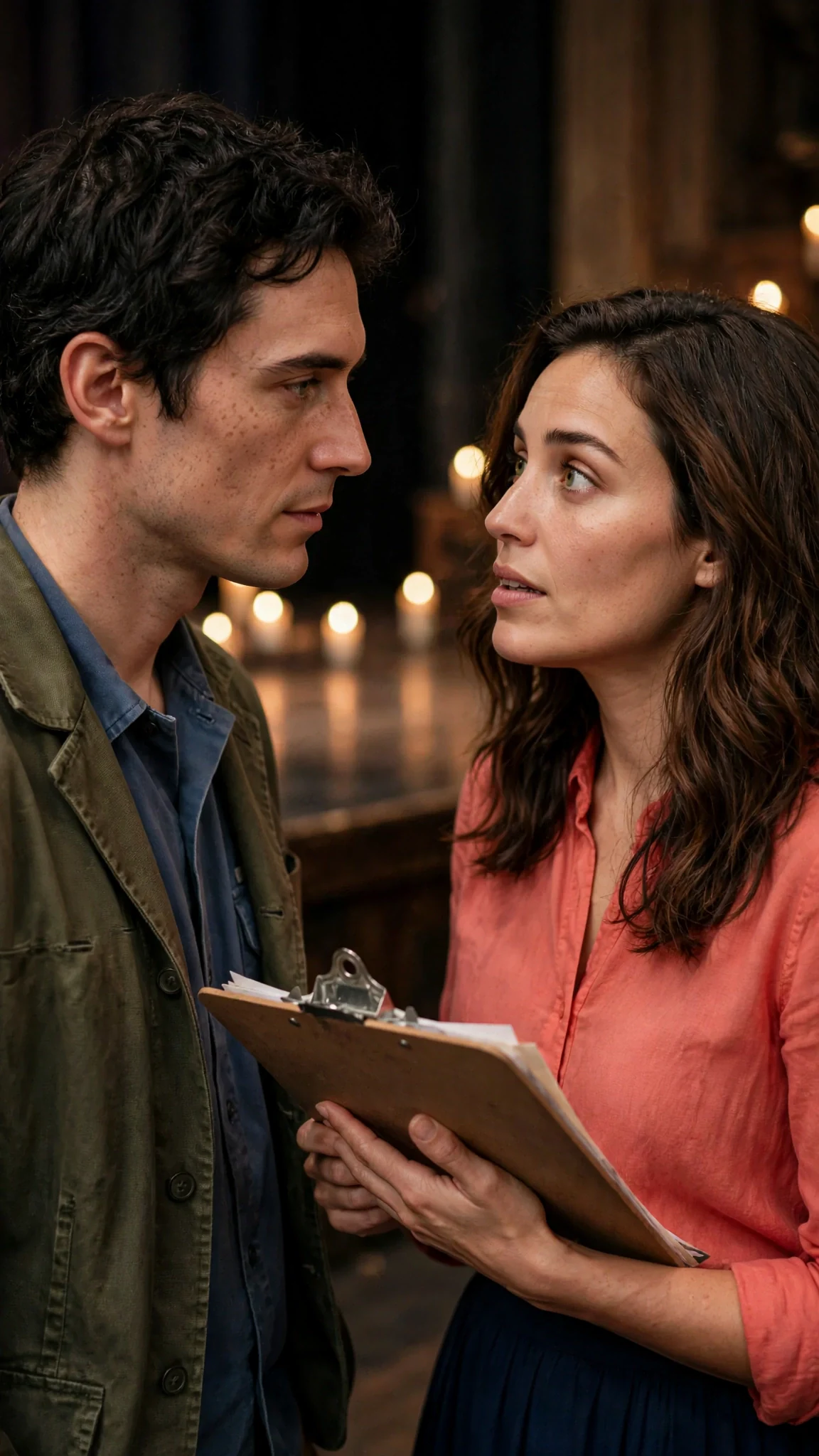 A man in an olive jacket speaks low to his wife at the side of a lit stage.