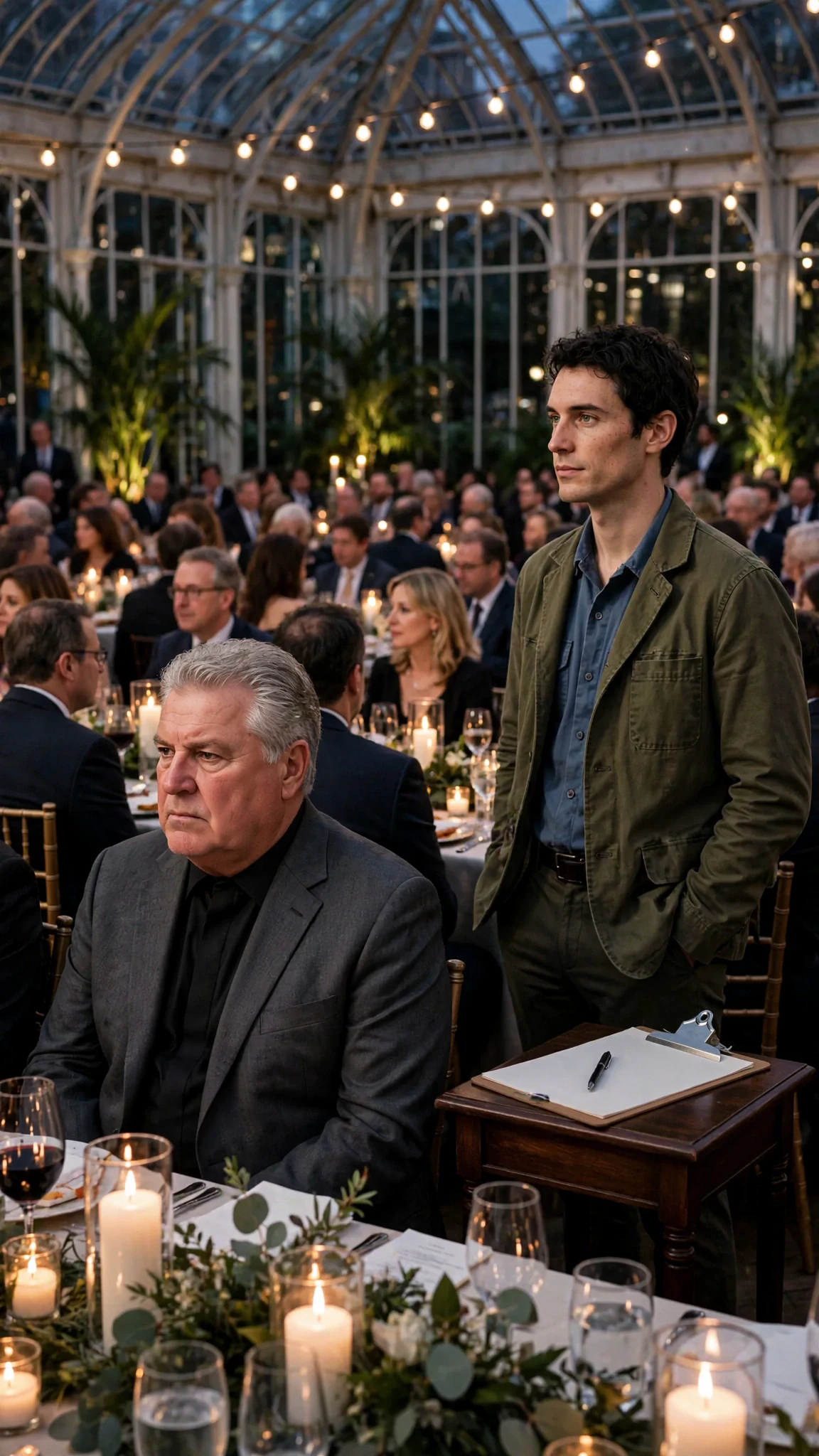 A full glass hall at night, a silent silver-haired man in front and a calm man standing at the side.