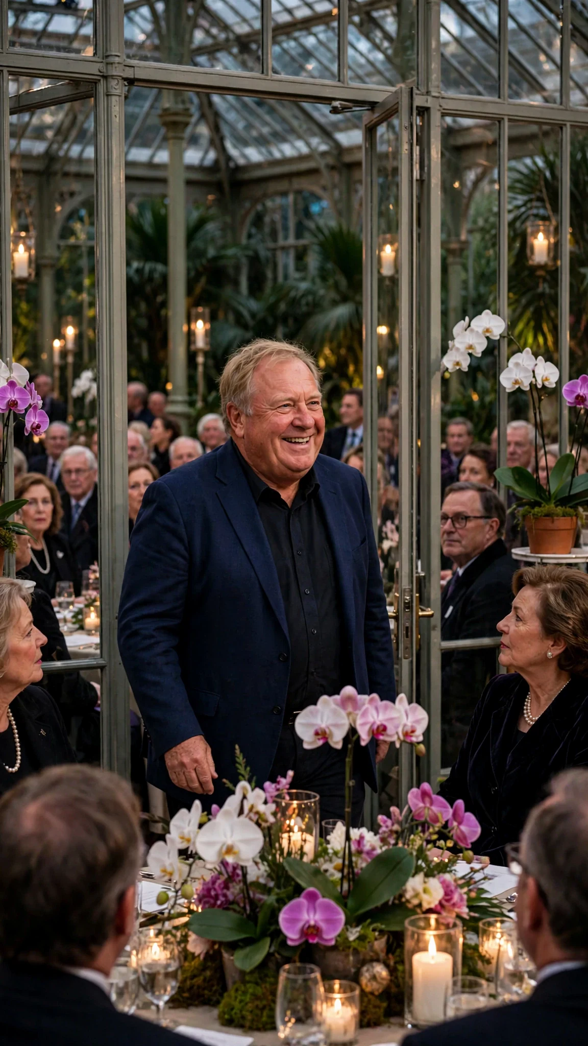 Lionel Pemberton walks into the crowded auction hall smiling while donors turn to look.