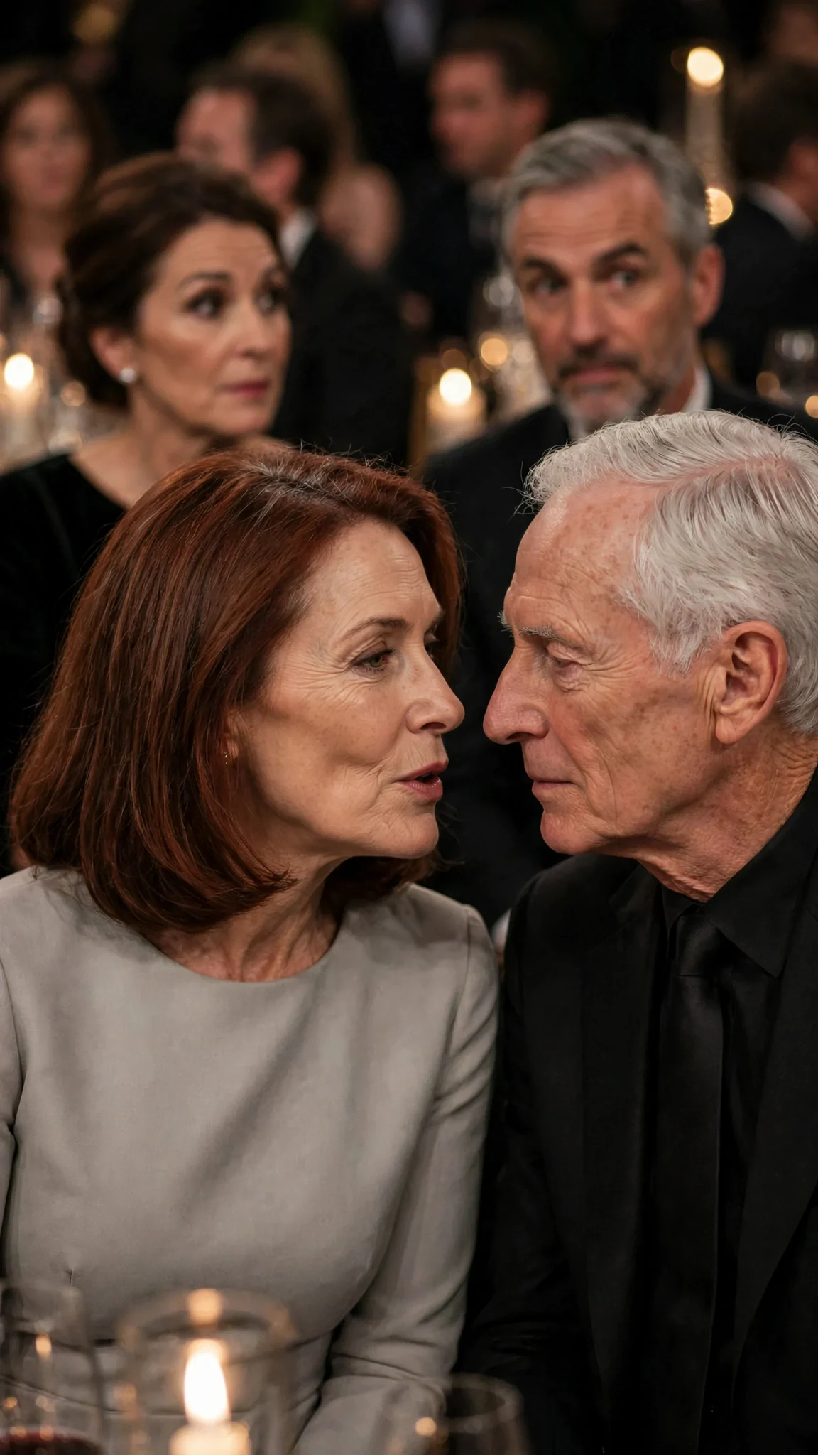 Donors in the front row lean their heads together and whisper.