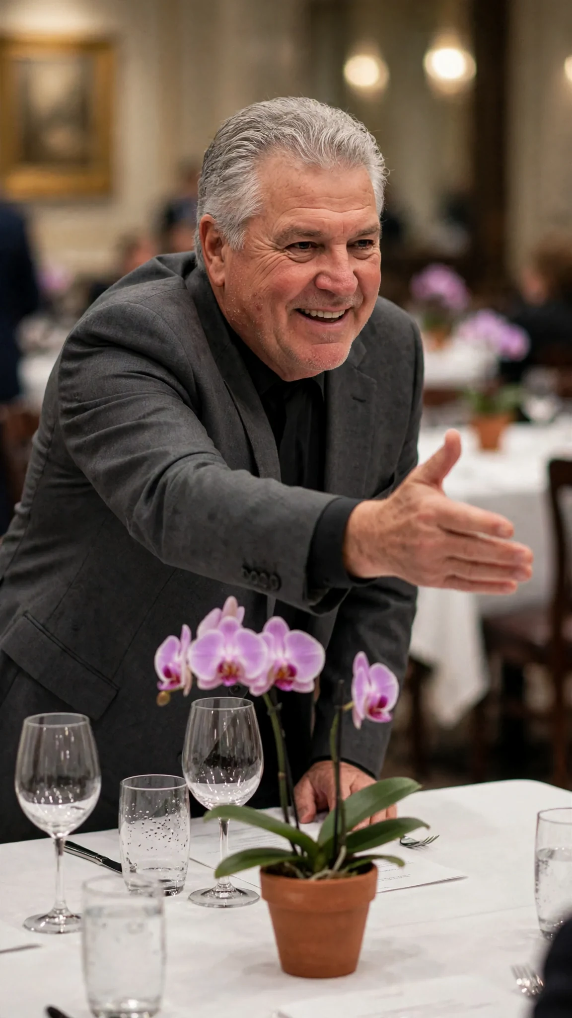 Alfred Dunley half rises from the front table with his hand held out to shake.