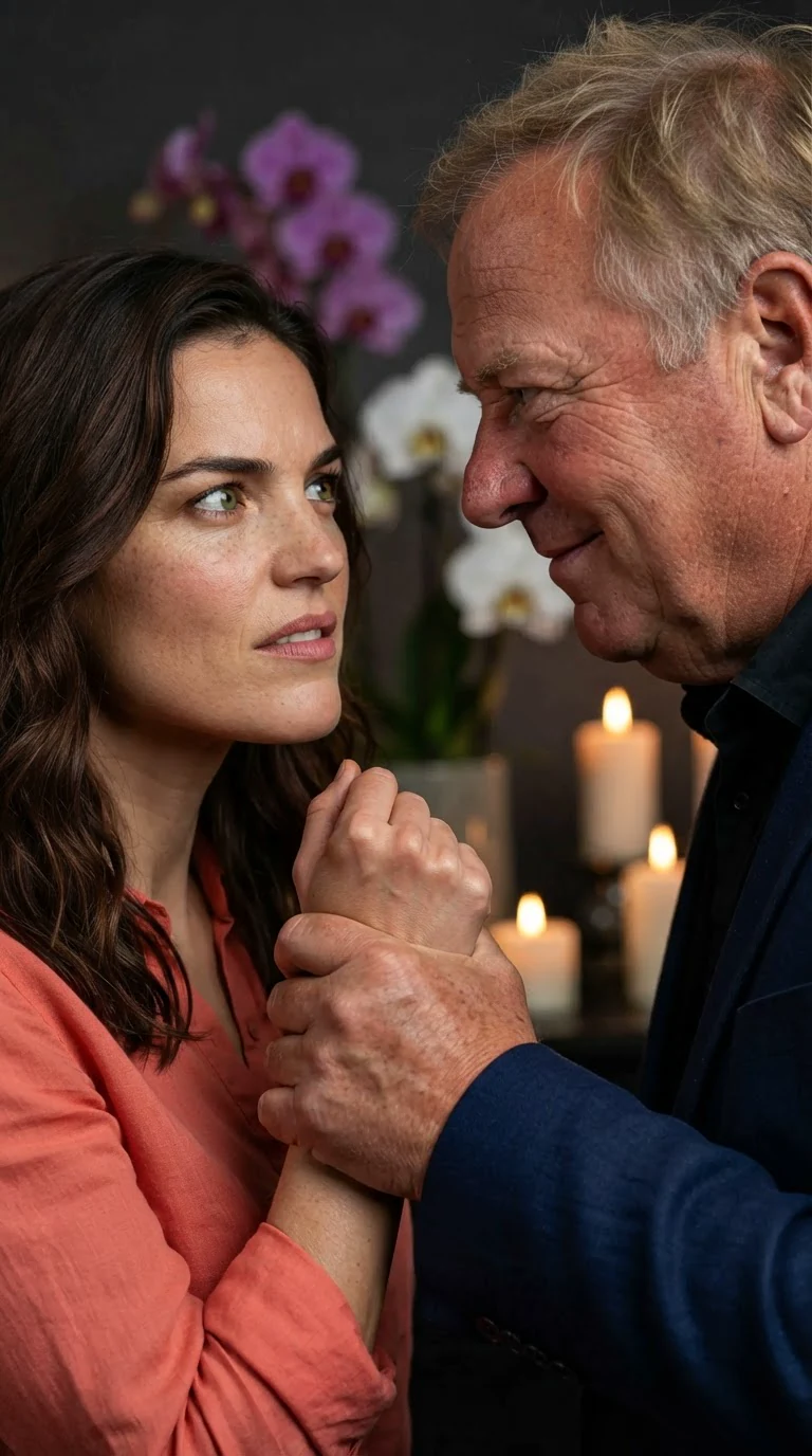 Marielle stares straight up at Lionel, her arm held fast in his grip.
