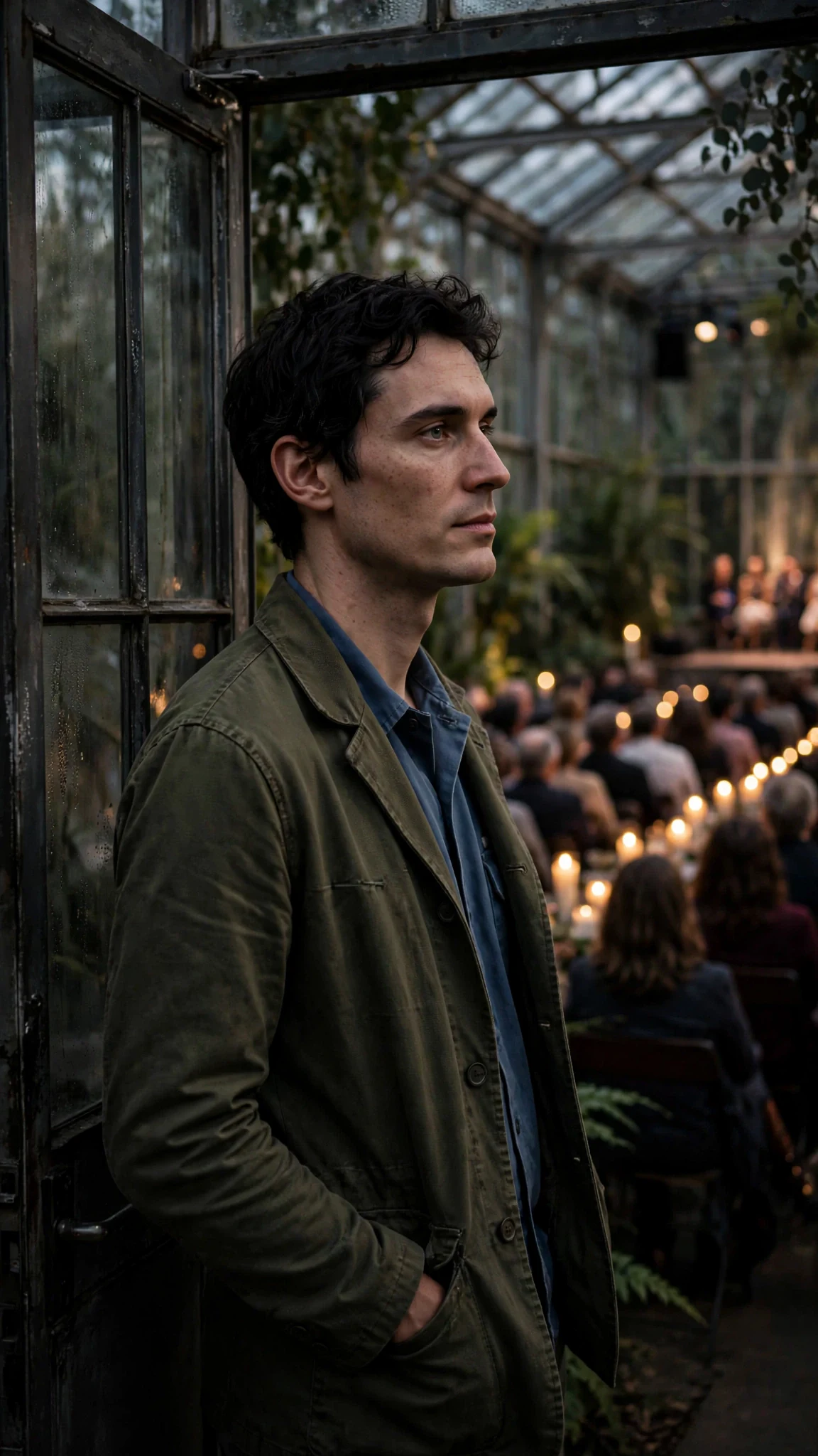 Benedict watches from the side door with one hand in his pocket.