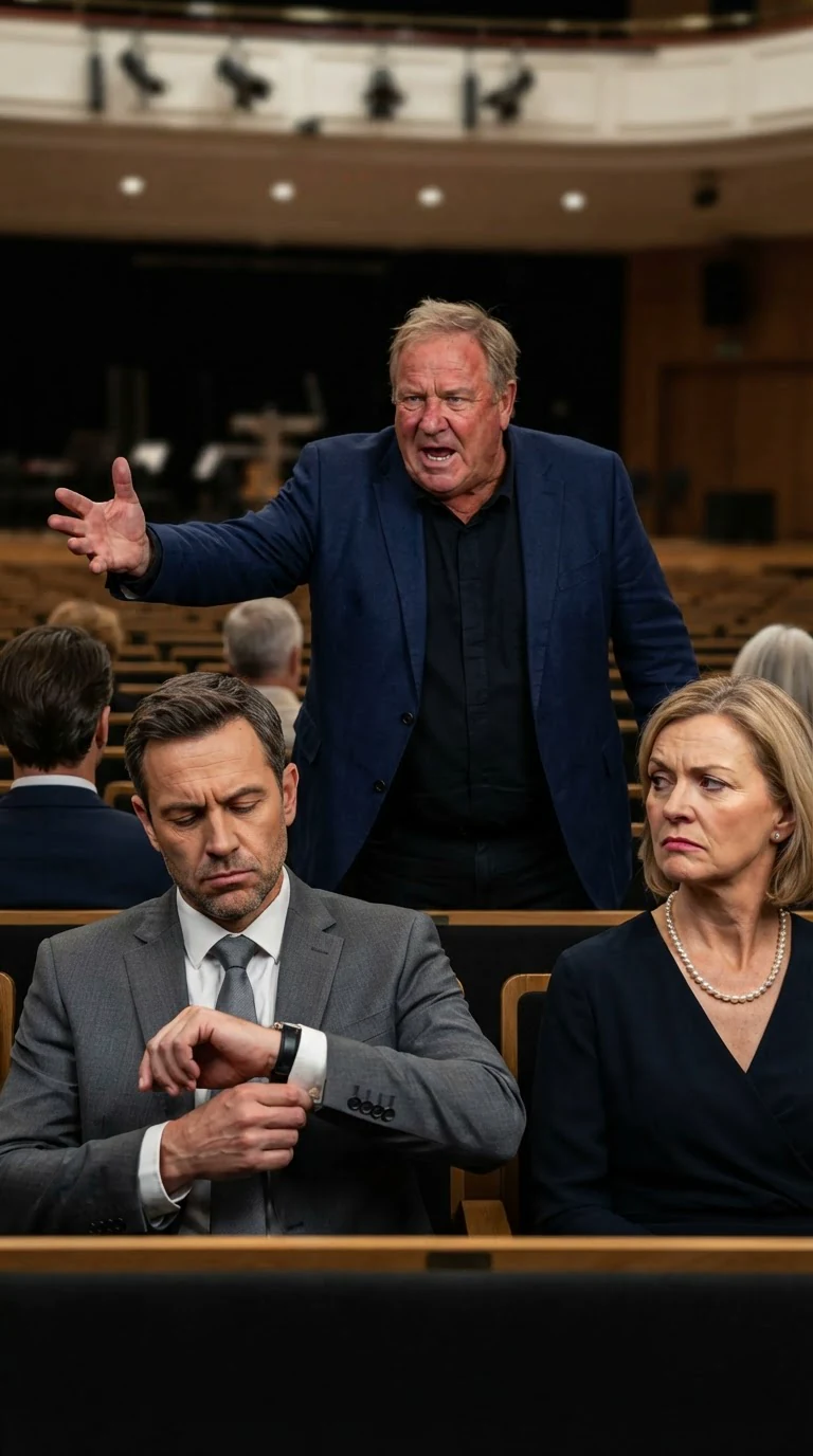 Lionel shouts his denial while the donors beside him look away.