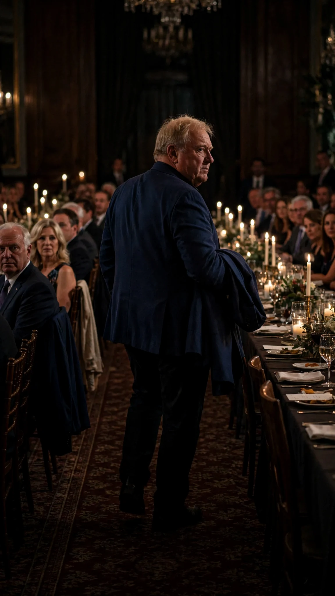 Lionel walks up the aisle alone, coat over his arm, nobody standing for him.