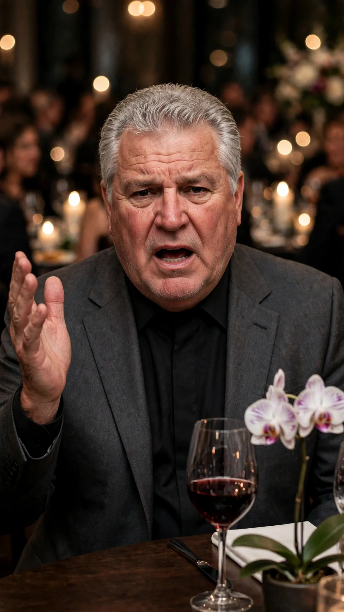 Alfred stands at the front table with his mouth open and no words coming.