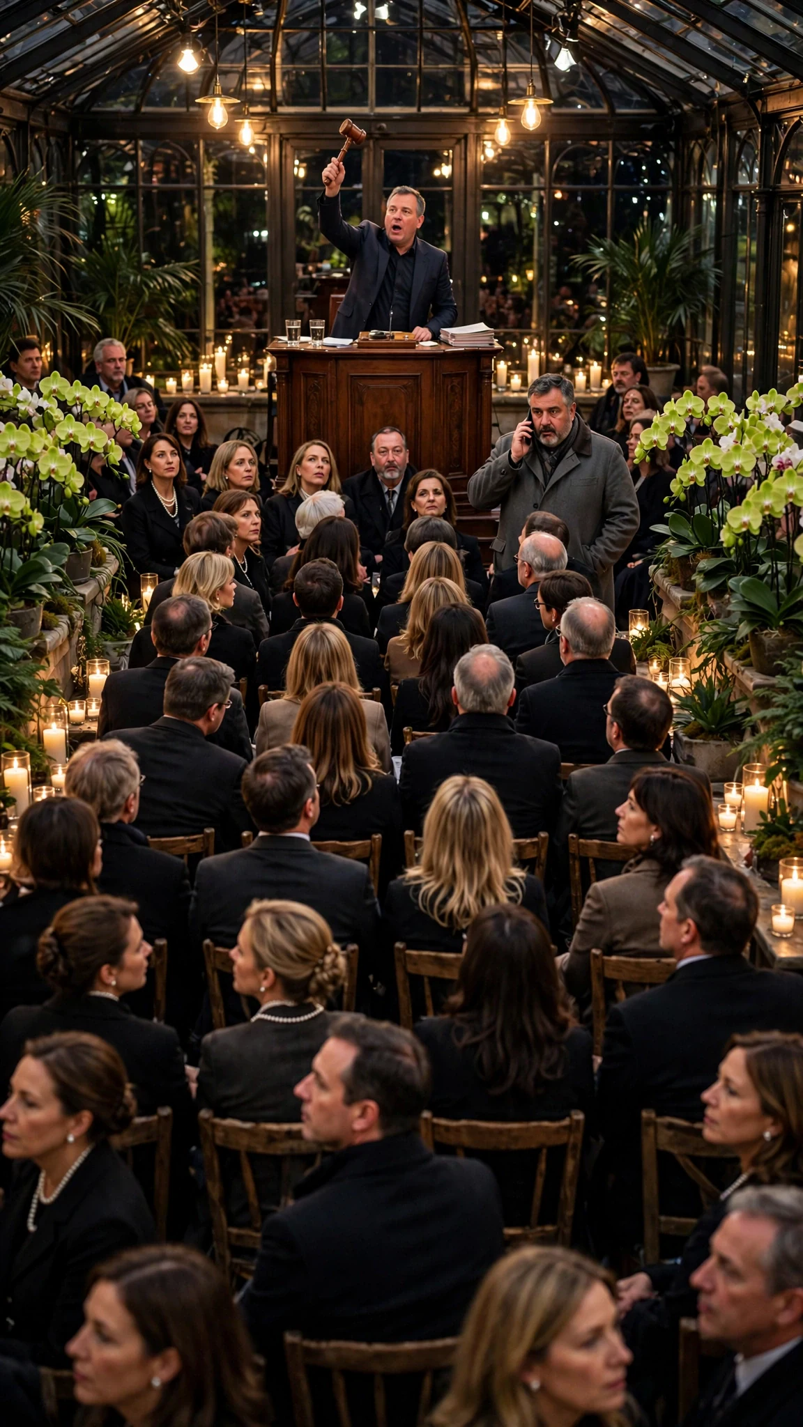 A man in a gray coat at the back of a crowded auction hall holds a phone to his ear while the auctioneer calls the last lot.