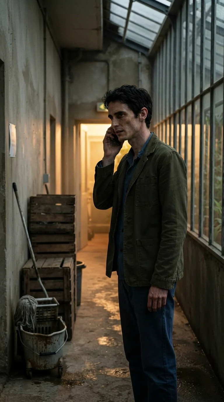 A tall dark haired man in a work shirt stands in a dim side hall with a phone pressed to his ear, facing the wall.