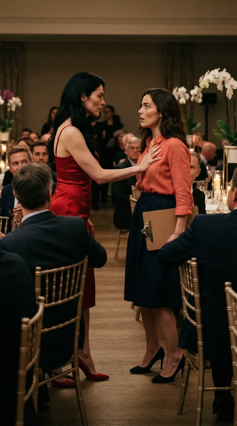 A glossy haired woman in a red dress blocks a chestnut haired woman's path in the aisle, hand flat on her chest, donors watching.